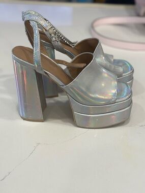 Call It Spring Iridescent Silver Platform Block Heel Sandals